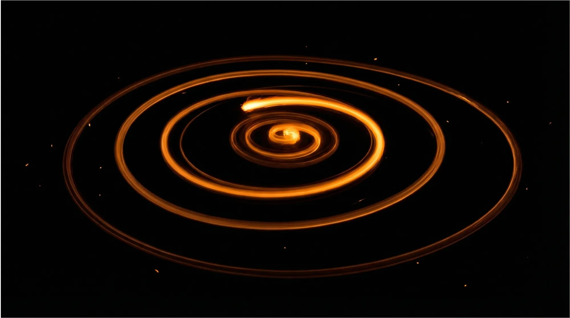 Amber light spiralling inward to a glowing centre on black, a SolvStream motif for scattered workflows resolving into one clear process